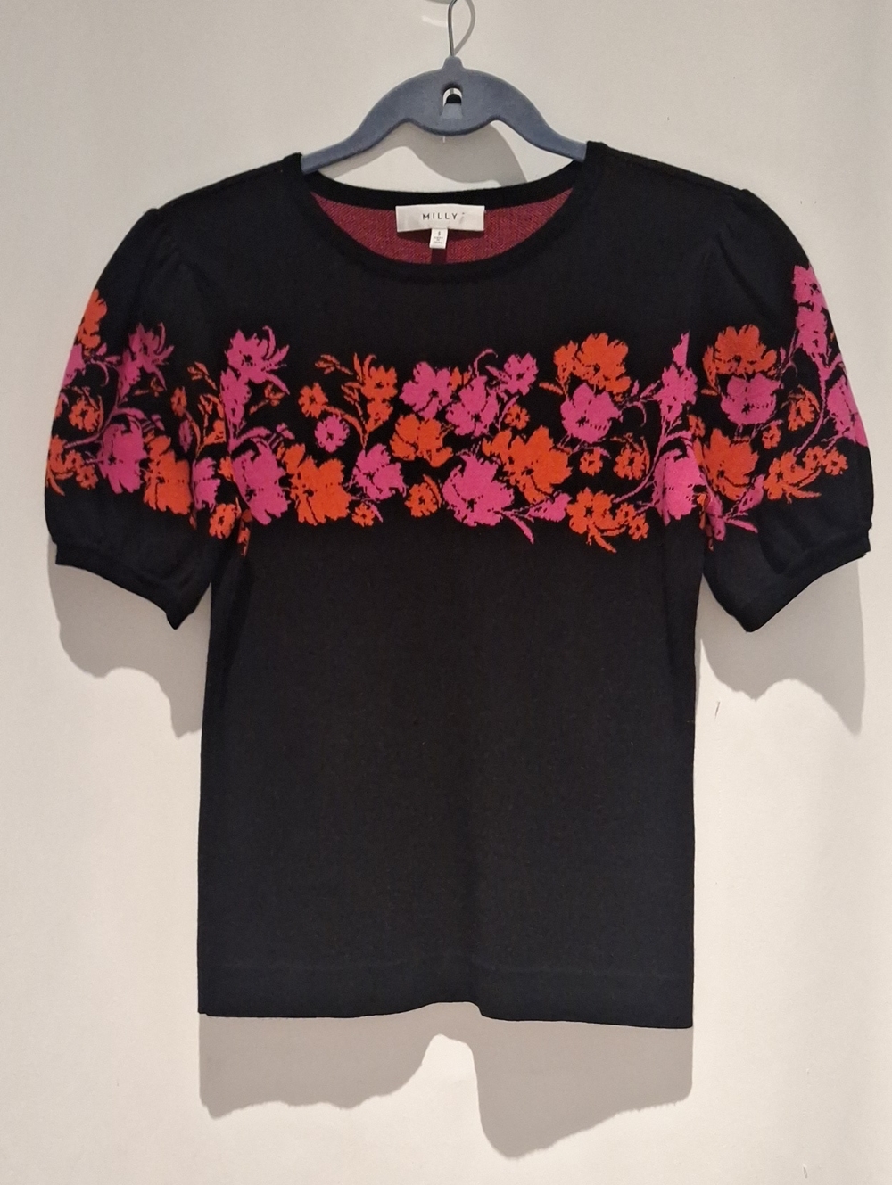 Milly Black Knit Puff Sleeve Top with Pink and Orange Floral Yoke